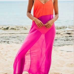 Coral And Magenta Beach Coverup High Slit Maxi Dress Sheer Bathing Suit Cover